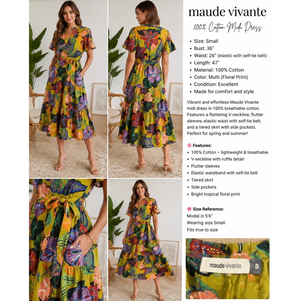 Maude Vivante Tropical Floral 100% Cotton Tiered Midi Dress Belted Pockets S